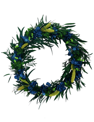 Couronne florale avec fleurs vertes et bleues