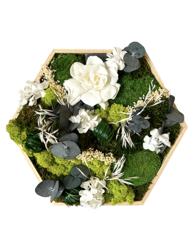 Hexagone végétal avec fleurs blanches