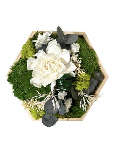 Hexagone végétal stabilisé avec fleurs blanches