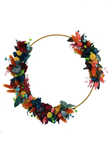 Couronne florales avec fleurs rouges, oranges et jaunes