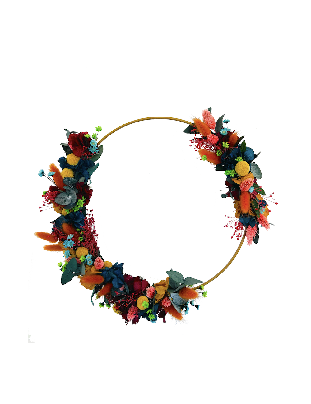 Couronne florales avec fleurs rouges, oranges et jaunes