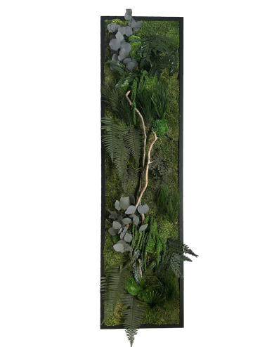 Tableau végétal avec feuillages verts et branche de bois