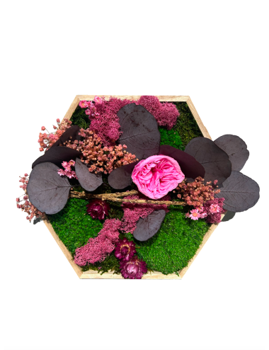 Hexagone végétal stabilisé avec fleurs roses