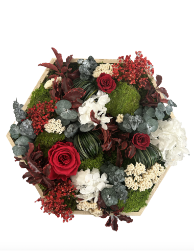 Hexagone végétal avec fleurs rouges