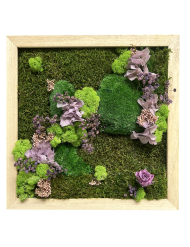 Tableau végétal stabilisé avec feuillages violets et verts