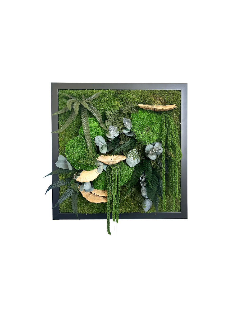 Tableau rond végétal avec feuillages verts et écorce de bois