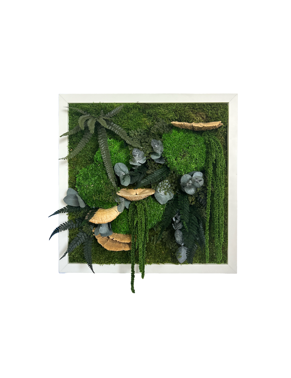 Tableau rond végétal avec feuillages verts et écorce de bois