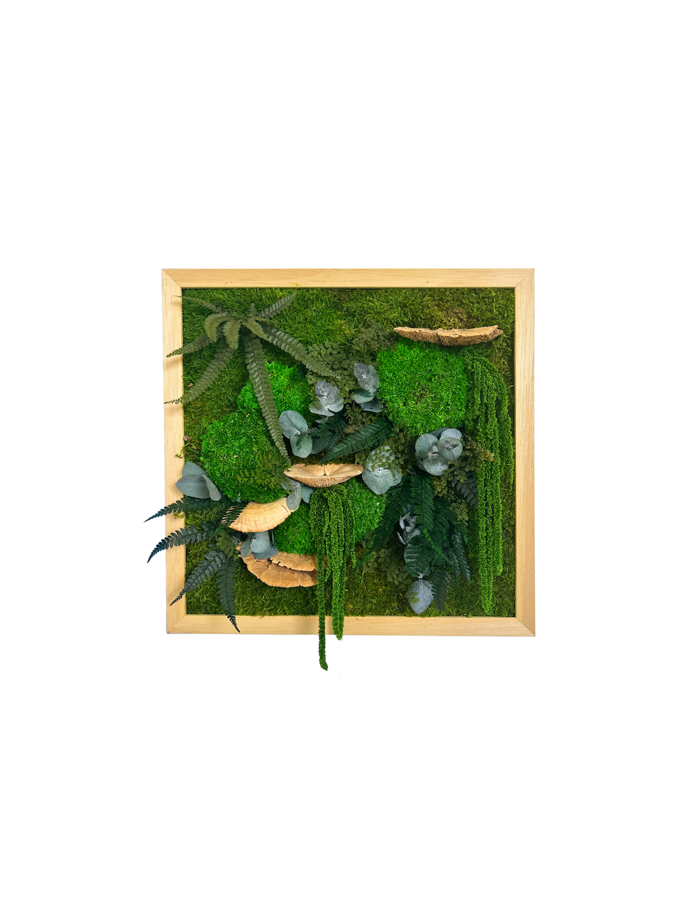 Tableau rond végétal avec feuillages verts et écorce de bois