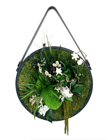 Tableau rond végétal avec feuillages verts et blancs