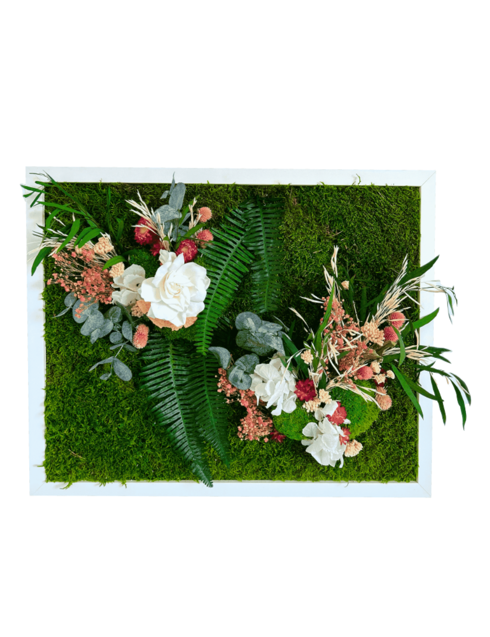 Tableau végétal avec végétaux blancs et roses