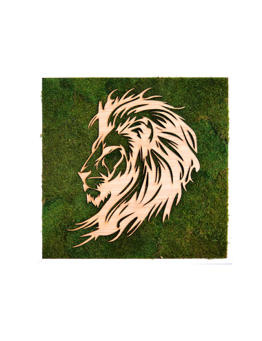 Tableau végétal avec une tête de lion en bois