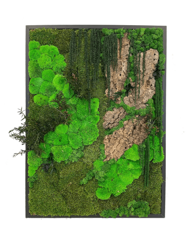 Tableau végétal vert avec écorces de bois