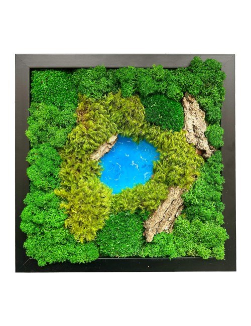 Tableau végétal avec mousse verte et résine bleue