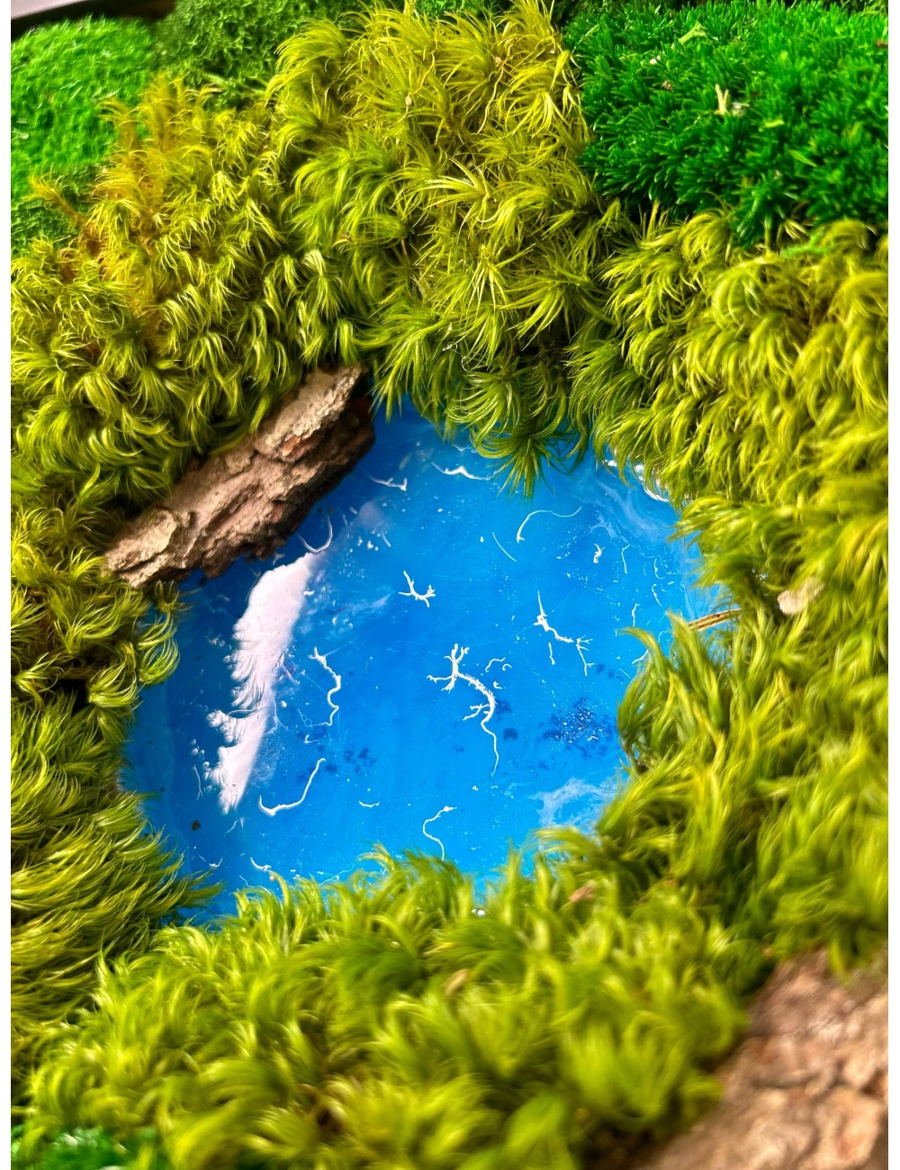 Tableau végétal avec mousse verte et résine bleue