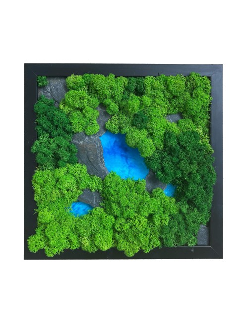 Tableau végétal avec mousse verte et résine bleue