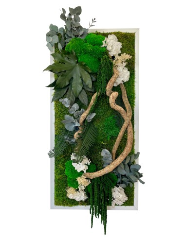 Tableau végétal avec végétaux verts et blancs et branche de bois