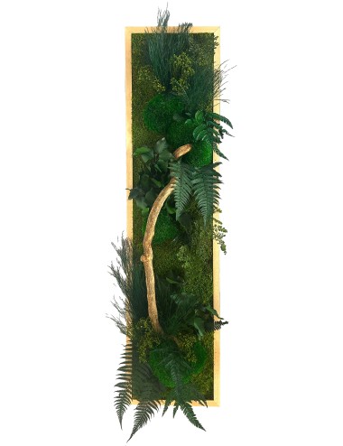 Tableau végétal avec feuillages verts et branche de bois